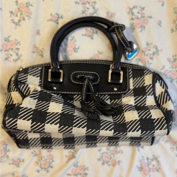 LIKE 🆕 Dooney & Bourke Black White Checker Canvas Leather Satchel Bag - Picture 3 of 5